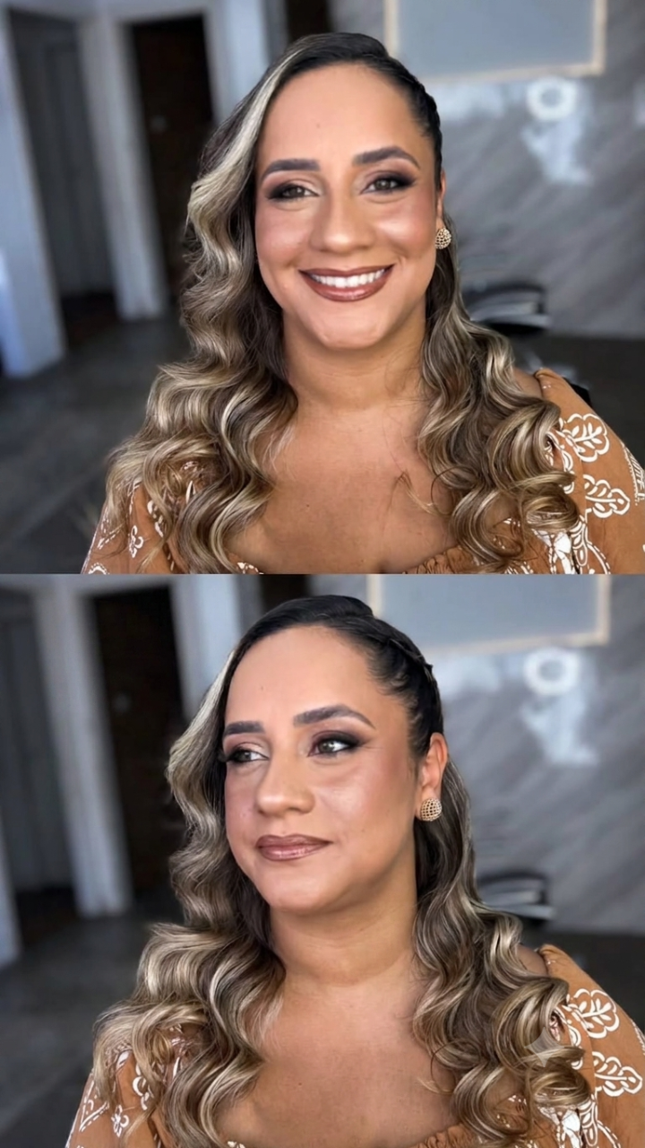 Resultado final de maquiagem e penteado